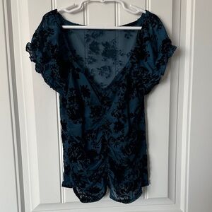Blue and Black Floral Sheer Blouse